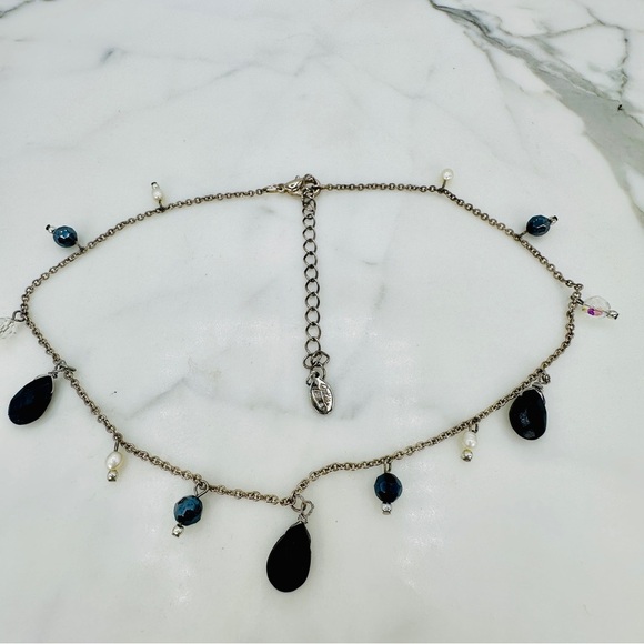 Cookie Lee Black Bead & Freshwater Pearl Necklace Dainty Dangle Black Silver - Picture 4 of 8